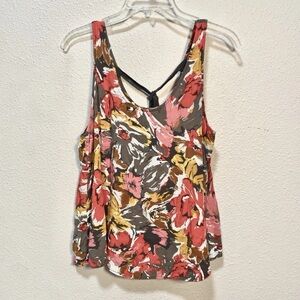 OLD NAVY Brown Pink Floral Tank Top Blouse Scoop Back Tie size Lg Cute Romantic